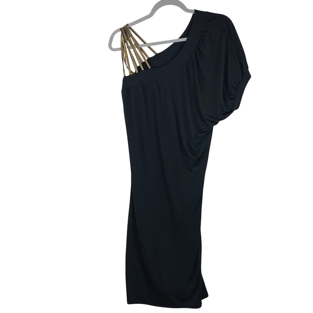 Made in France Black‎ One Shoulder Gold Strap Draped Cocktail Mini Dress M/L